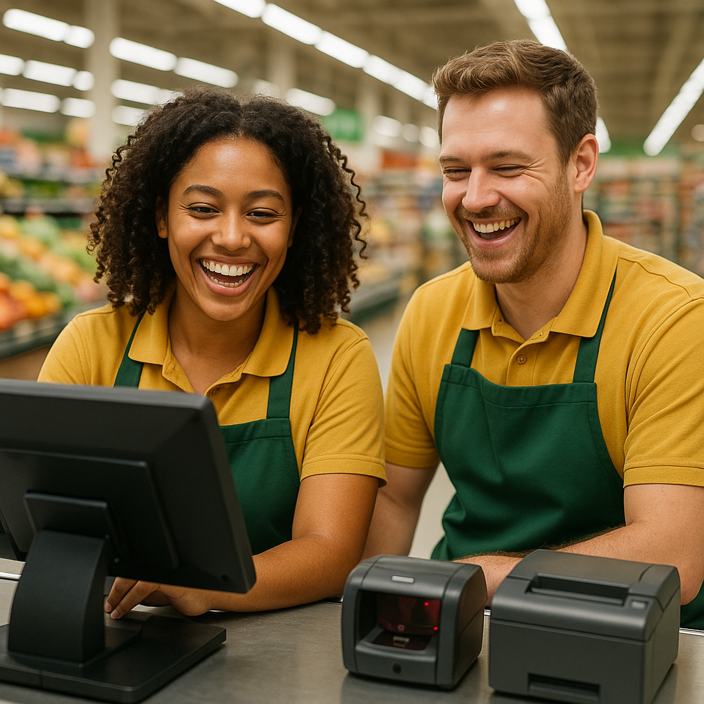 Empleados usando un TPV para supermercado con pantalla táctil en el área de cobro