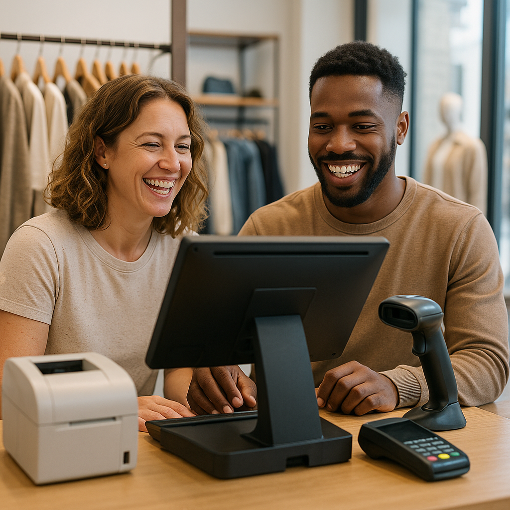 Clientes usando un TPV para tienda de ropa moderna con mostrador y sistema de cobro completo