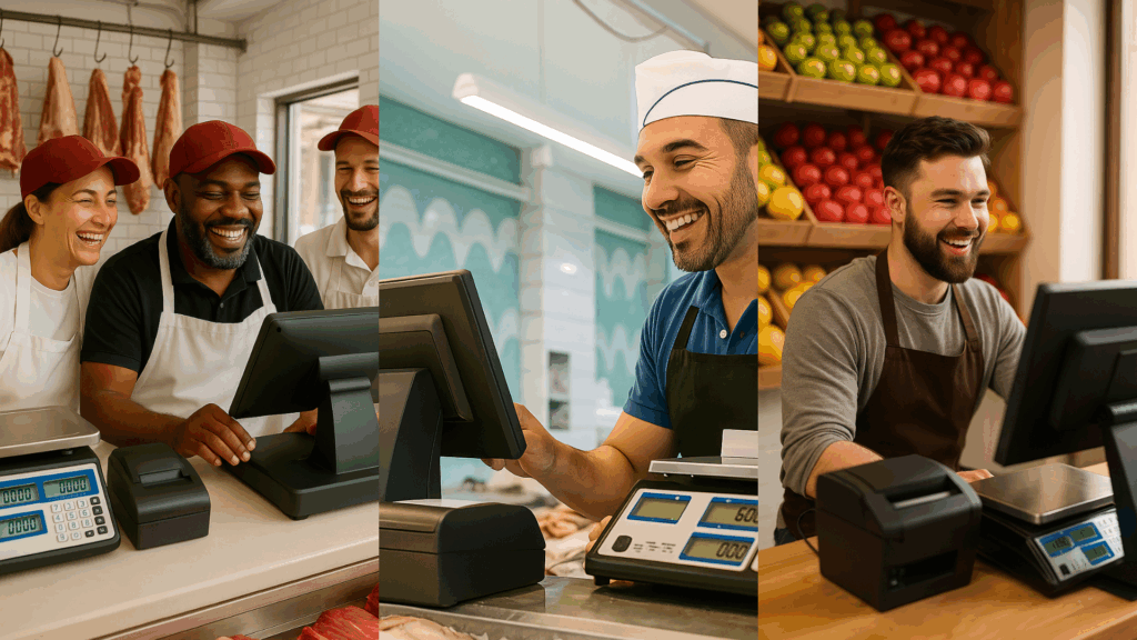 Trabajadores usando un TPV para alimentación en un entorno profesional de tienda.