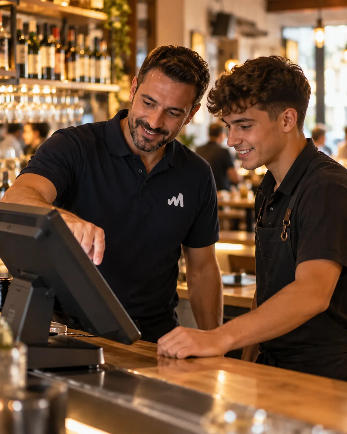 Técnico enseñando a un camarero a usar el TPV en la barra de un bar