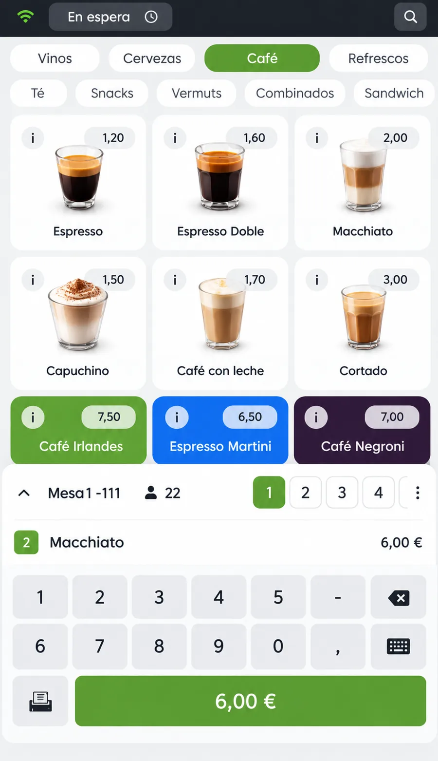Comanda de cafés en la PDA