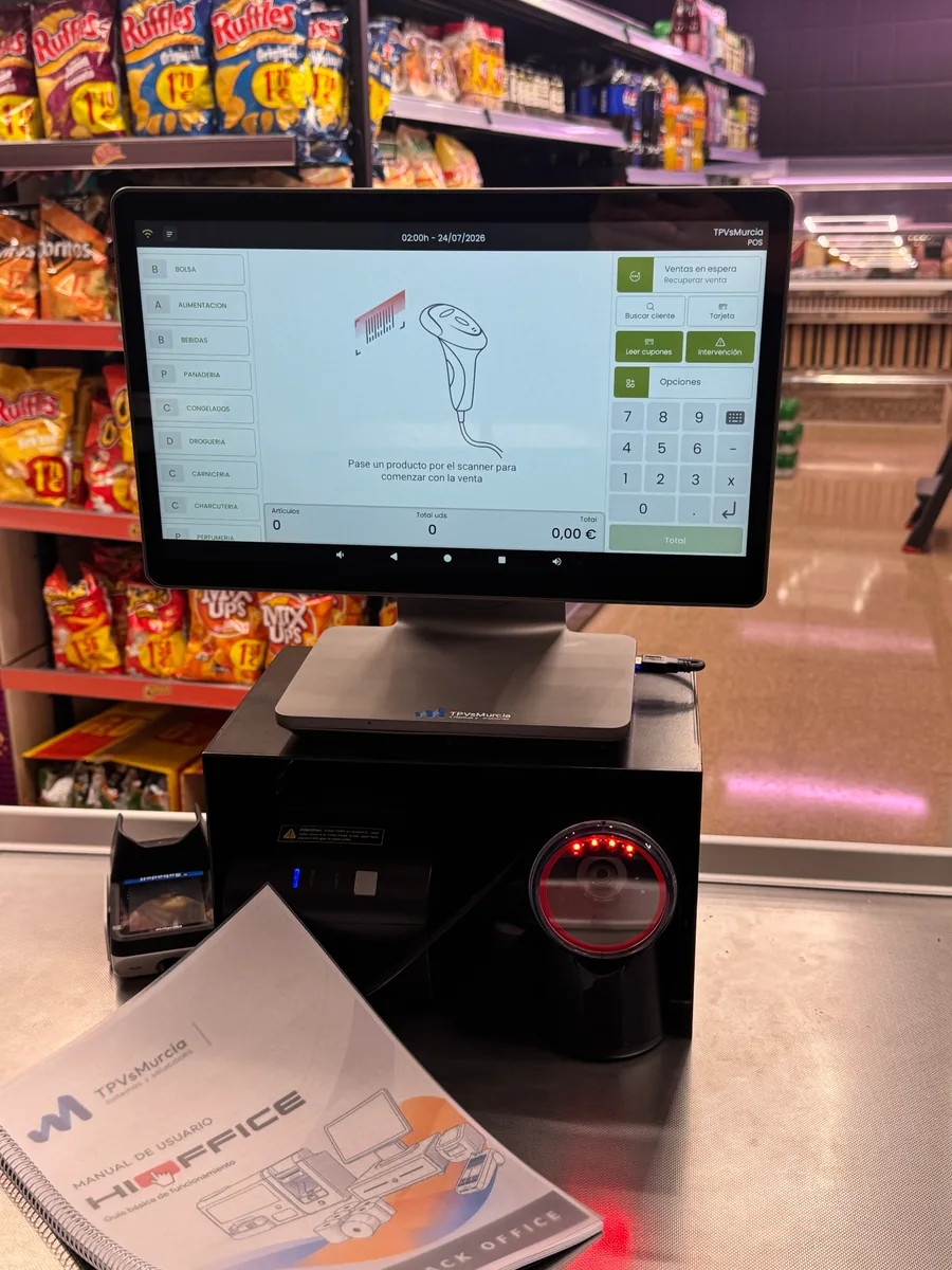 TPV HIOPOS con lector de códigos de barras y manual en el supermercado El Limonyco, Almoradí.